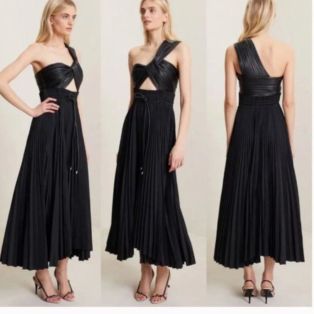A.L.C. Addie Pleated Midi Dress Faux Leather One Shoulder Cut out Black Sz 12